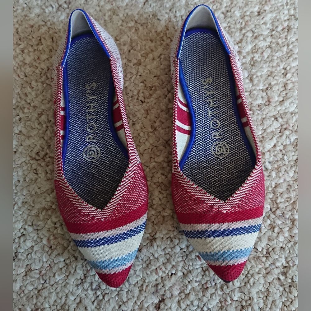 Rothy's The Point Varsity Stripe Red Points Rare Unicorn Flat Shoes size 5.5